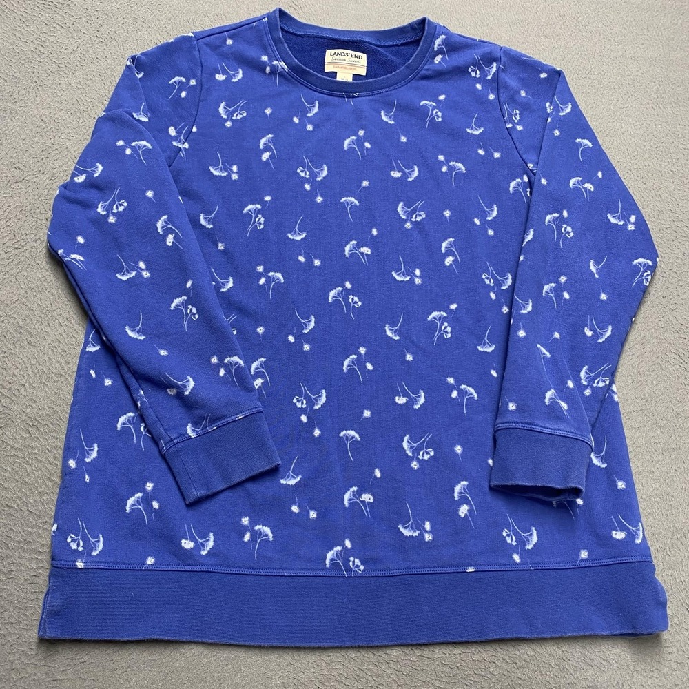 Lands' End Sweatshirt Women's Large Blue Floral Pullover Fleece Graphic Print